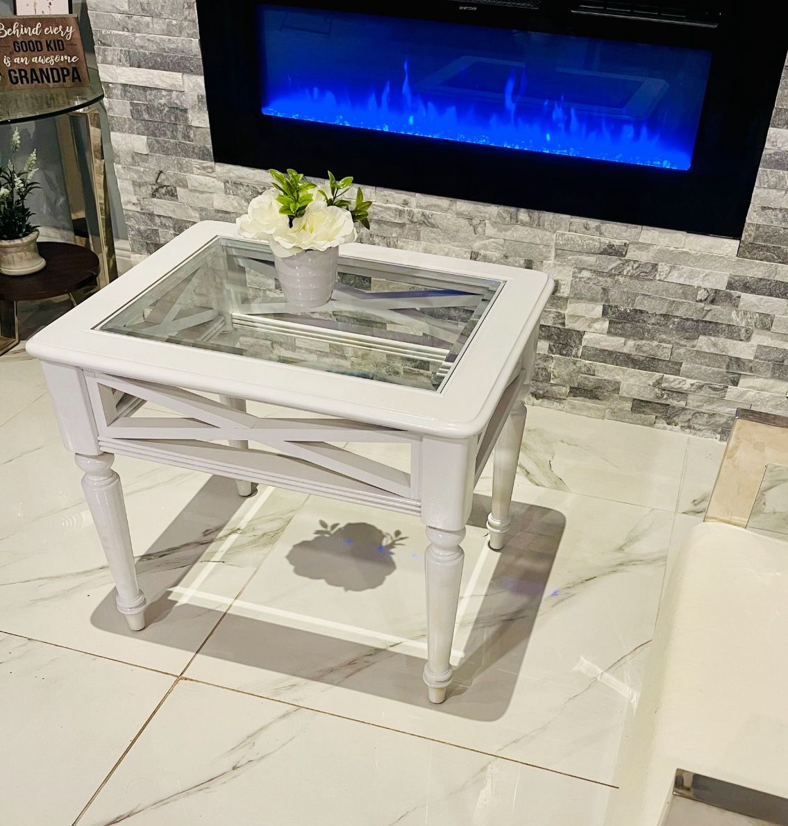🪑 Elegant White Wood & Glass End Table