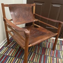 Vintage Tooled Leather Safari Campaign Sling Chair.