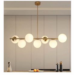 7-Light Gold Modern Chandelier, 41.5" Mid-Century Sputnik Light Fixture with Milky-White Glass Globe Shade for Dining Room Kitchen Island