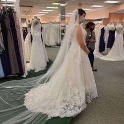 GORGEOUS SCALLOPED V-NECK LACE AND TULLE WEDDING DRESS SZ 12 NWT