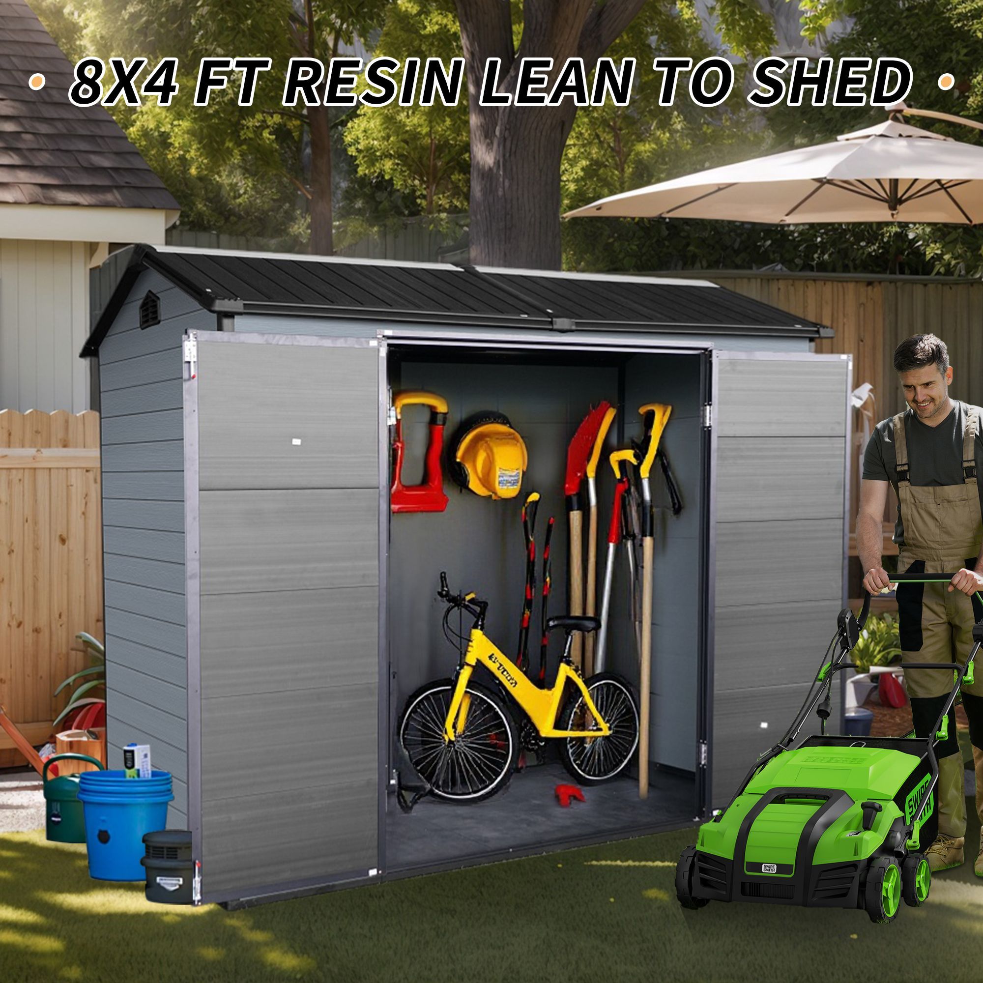 8x4ft Outdoor Resin Garden Shed with Floor and 2 Windows, Plastic Patio Outdoor Storage Shed with Lockable Door for Garden Tools, Bicycles, Trash Cans