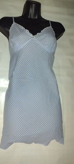 Women Victoria's Secret Blue Gingham Lace Trim Chemise 100% cotton