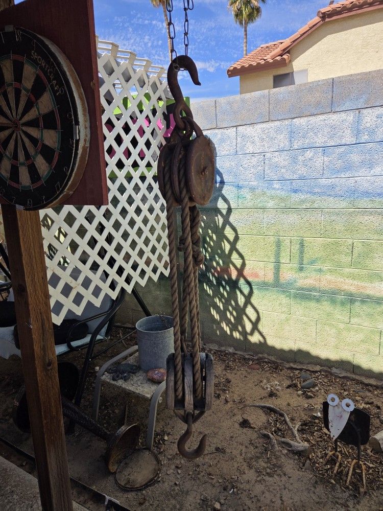 Antique Double Pulley Wooden Block And Tackle
