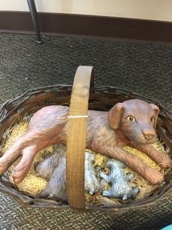 Mother Dog & Puppies in Wooden Basket