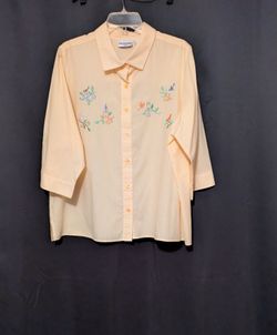 Breckenridge Yellow White Striped Woman's Top Embroidered Birds & Leaves Size 2X