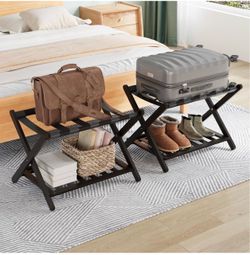 ONLY $65: Black Luggage Racks Pack of 2, Upgraded Bamboo Foldable Suitcase Stand with 5 Nylon Straps