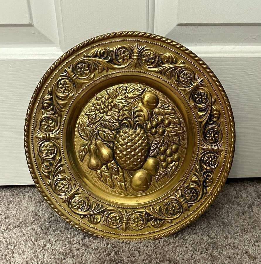 Vintage Made In England Hammered Brass Wall Plate Decor Pineapple And Fruits Design