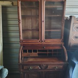 Vintage Wooden Secretary Desk & Hutch with Glass Display - 7ft Tall