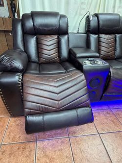 Power Reclining Sectional Sofa Two Tone Brown Leather With Bluetooth Speakers 
