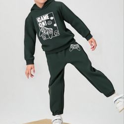 Boys Dark Green Gaming Graphic Hoodie and Pants Set, Long Sleeve, 2 Piece Outfit