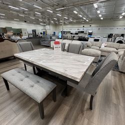 New in box white faux marble top 6pc dining set