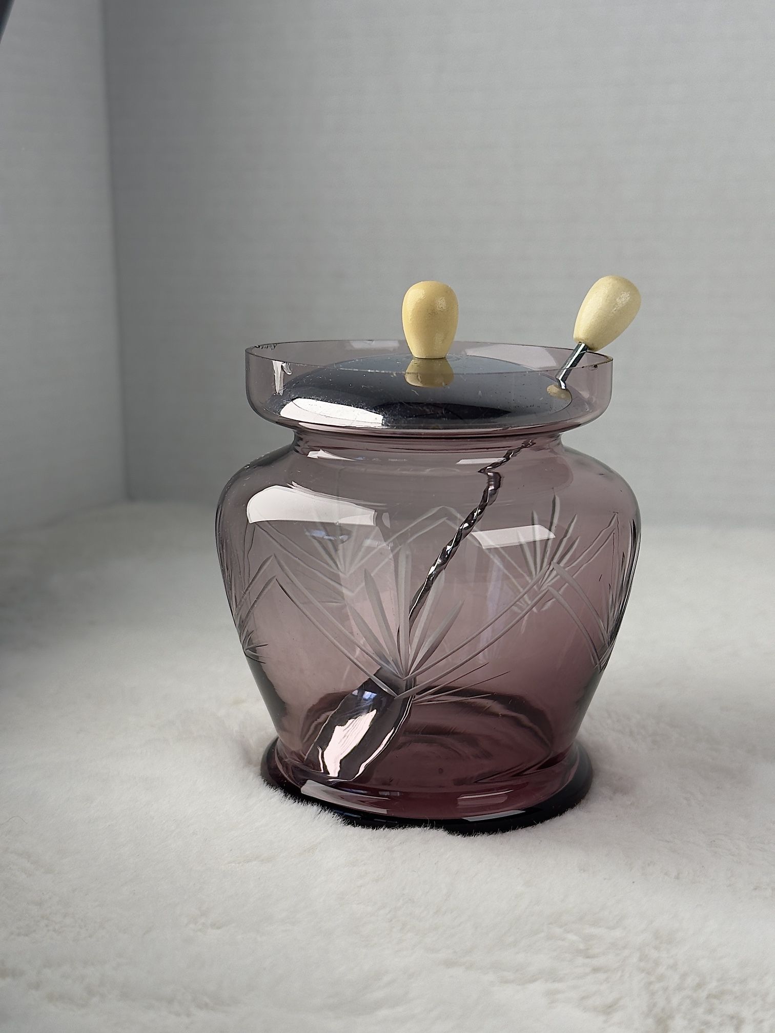 VINTAGE MID CENTURY Amethyst ETCHED GLASS ~ JAPAN Jam / Sugar Jar With Spoon