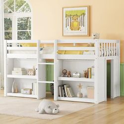 Twin Low Loft Bunk Bed with Storage Shelves, Safety Guardrail & LED for Kids,White
