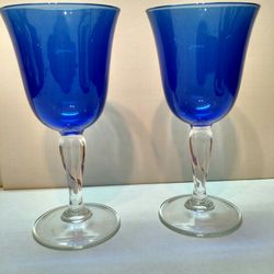 2 Cobalt Blue Wine Glasses Goblets With Clear Stem 