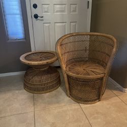 Vintage Boho Rattan Wicker Chair and Side Table Set
