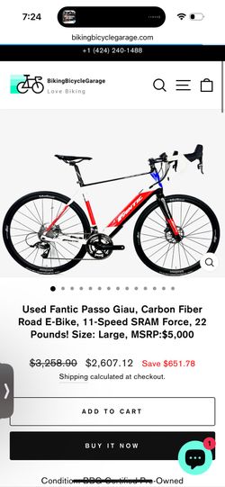 Used Fantic Passo Giau, Carbon Fiber Road E-Bike, 11-Speed SRAM Force, 22 Pounds! Size: Large, MSRP:$5,000