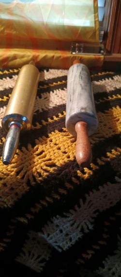 Antique Bread Rolling Pins Set Of 2. 1 Is Marble With Wooden Handle And The Other Is Gold Plated With Gold Plated Handles Cash Upon Pickup 