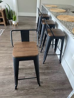Set of 4 Metal Counter Stools with Wood Seats