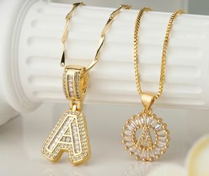 Women's 2-Pack 14K Gold Plated Bubble Letter Initial Pendant Necklaces - Cubic Zirconia, Adjustable Length