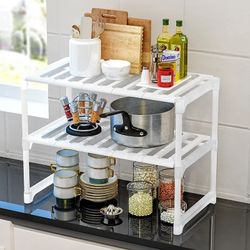 Plastic 2 Tier Expandable Shelf Rack Under Sink Storage Organizer