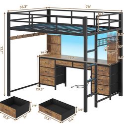 Metal Loft bed frame with desk