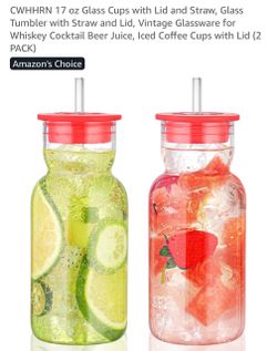 CWHHRN 17 oz Glass Tumblers with Lid and Straw – 2 Pack