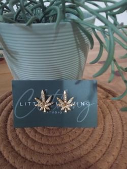 Cute Gold Rhinestone Weed Leaf Earrings-Brand New