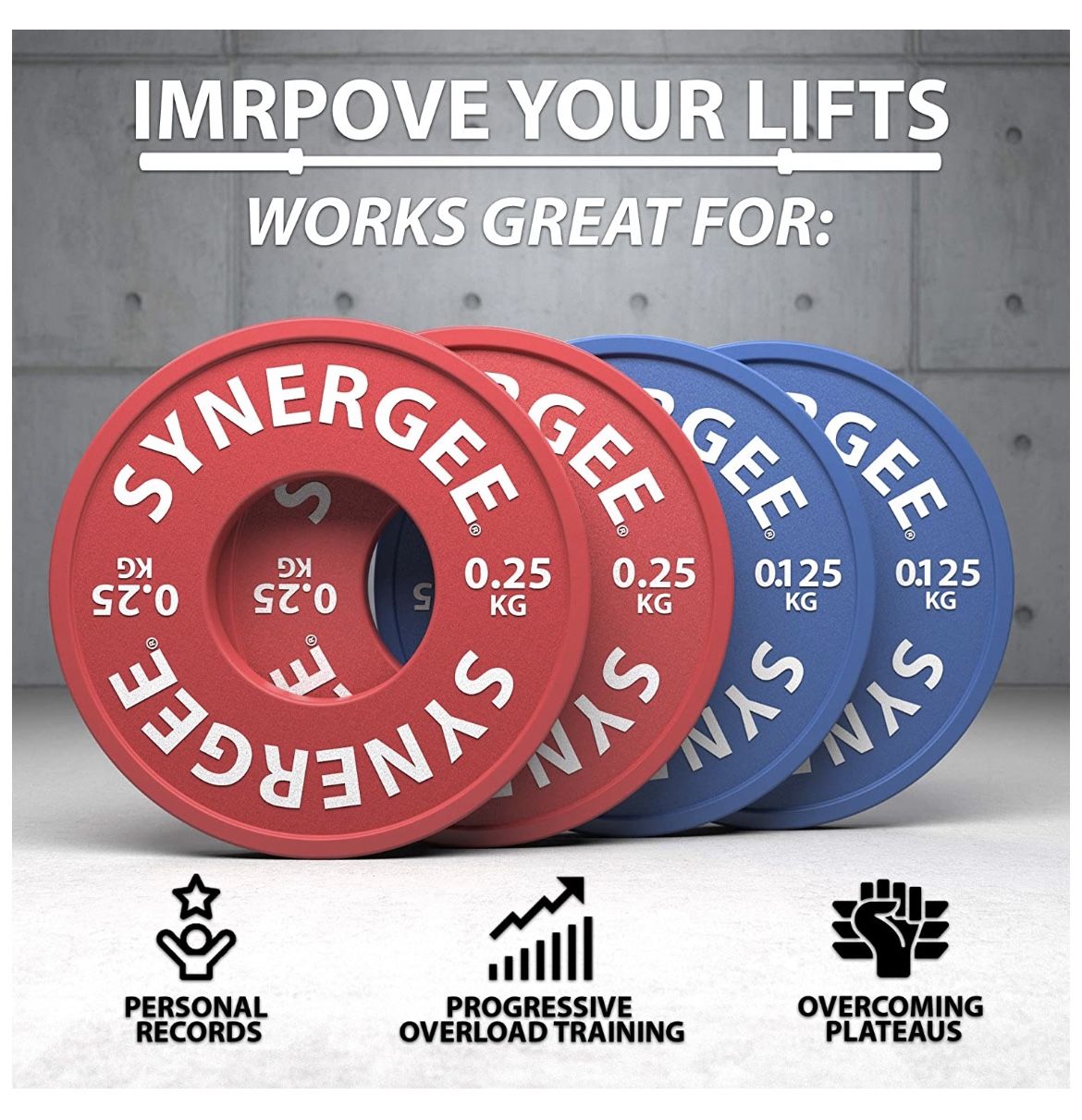 Synergee Rubberized Fractional Plates and Change Plates 0.125 kg, 0.25 kg, 0.5 kg, 1.0 kg, 1.5 kg, 2.0 kg and 2.5 kg Set. Incremental Weights, Micro