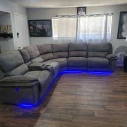 Beautiful Gray Electric 6 Piece Sectional With 3 Recliners, LED'S & USB'S
