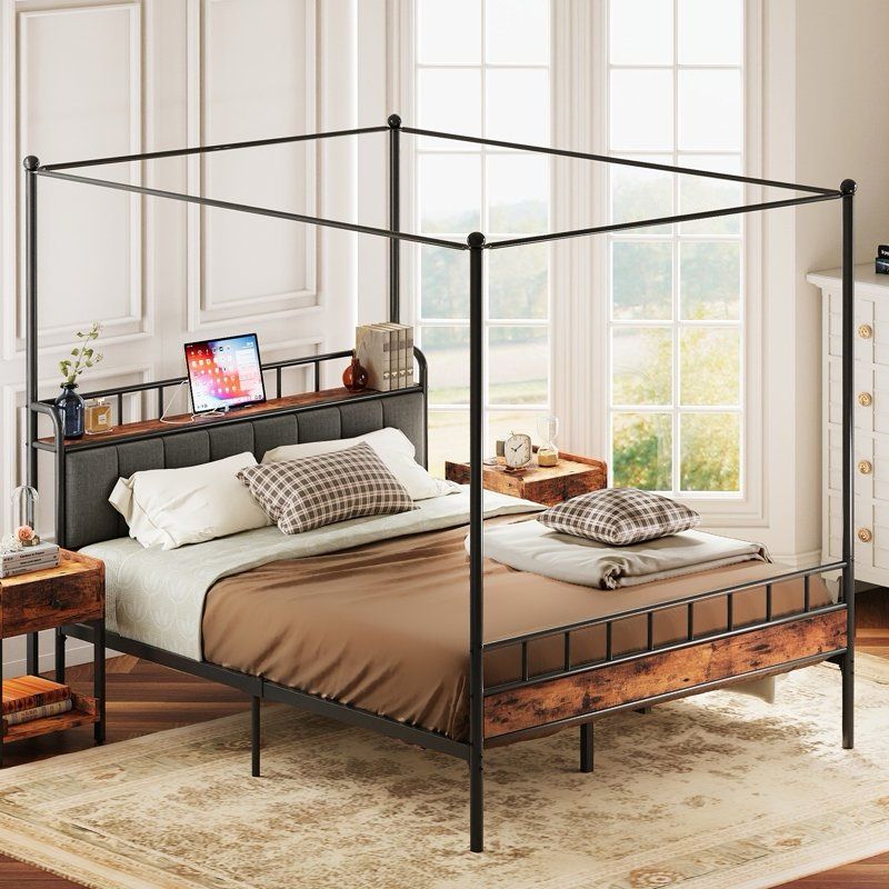 Queen size Canopy Bed Frame Storage Headboard With Charging Station Features Multifunctional Bed Frame: Removable canopy posts allow you