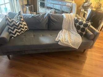 Gray Velvet Tufted Sofa with Wood Legs