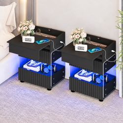 Set of 2 LED Nightstand with Gun Drawers, Modern Night Stand with USB & Type-C Charging Station, Smart Nightstand Noght Stand, Bedside Table Gun Safe