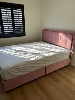 Queen Pink LED Upholstered Bed Frame with Storage Drawers