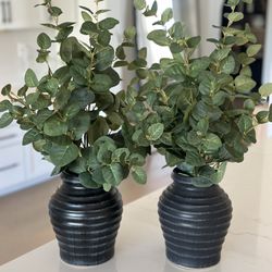 2 - Faux Plants in Ceramic Black Pots