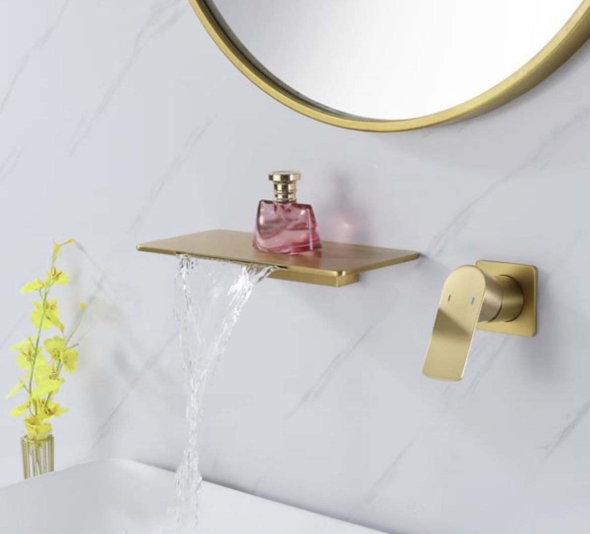 Waterfall Wall Mount Matte Black Single Handle Bathroom Sink Faucet Solid Brass B49G