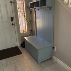 Gray Painted Coat Rack With Bench And Storage Cubbies 