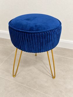 Blue Velvet Ottoman Stool with Gold Hairpin Legs