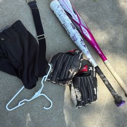 Girls Softball Bats, Gloves, Pants, And Belt