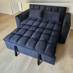 Black velvet loveseat pullout sofa bed with cup holders 