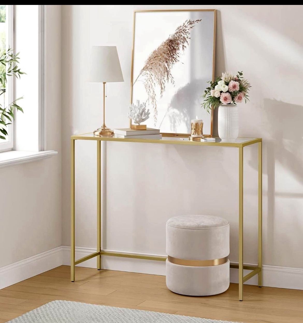 39.4 Inches Console Table, Tempered Glass Sofa Table, Modern Entryway Table, Metal Frame, Easy to Assemble, Adjustable Feet, for Living R