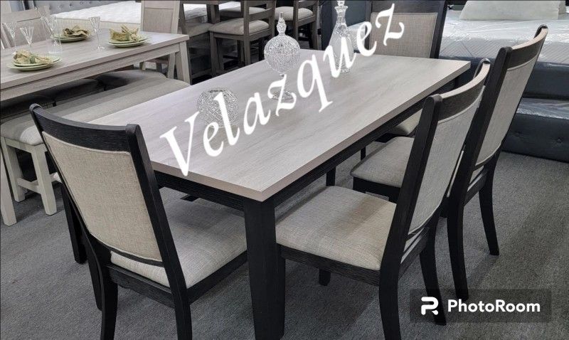 💥💥6 pc bridget ii two tone finish wood dining table set padded seat chairs and bench 💥💥