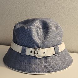 Rare Vintage Blue Coach Signature Monogram, leather trim, Canvas Bucket Hat with Buckle. New with tags.