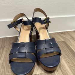 Lauren Ralph Lauren Blue Leather Block Heel Sandals – Size 9.5 | Strappy Platform | Gold Buckle