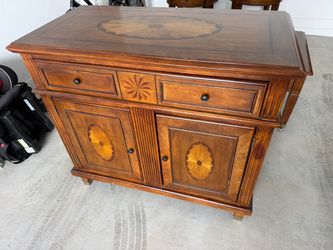 Four pieces of walnut Tables/Sideboard with inlay. Some minor wear and tear. Originally purchased at Ashley furniture