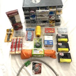 Mostly brand new contractor hardware and building supplies with storage case