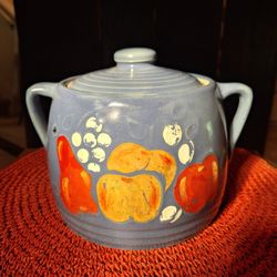 Vintage Stoneware Bean Pot/ Cookie Jar - Blue w/ Cold Paint Fruit & Double Handle Lid