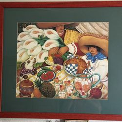 Framed Colorful Mexican Market Scene Print by J. Holman – Calla Lilies & Fiesta Vibes