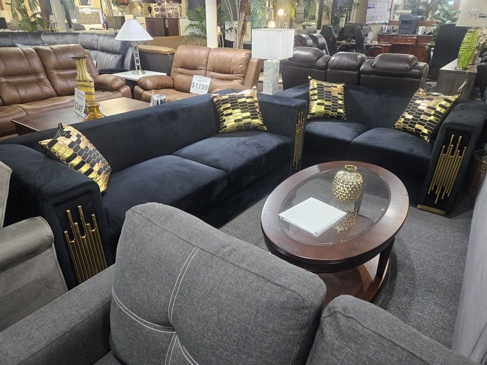 Brand New Black Velvet Or Biege Synthetic Leather Sofa + Loveseat With Gold Or Chrome Trimming