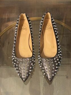 Christian Louboutin Pigalle Spikes Gunmetal Metallic Pointed Toe Flats — EU 38 / US 8 | Red Sole | Authentic