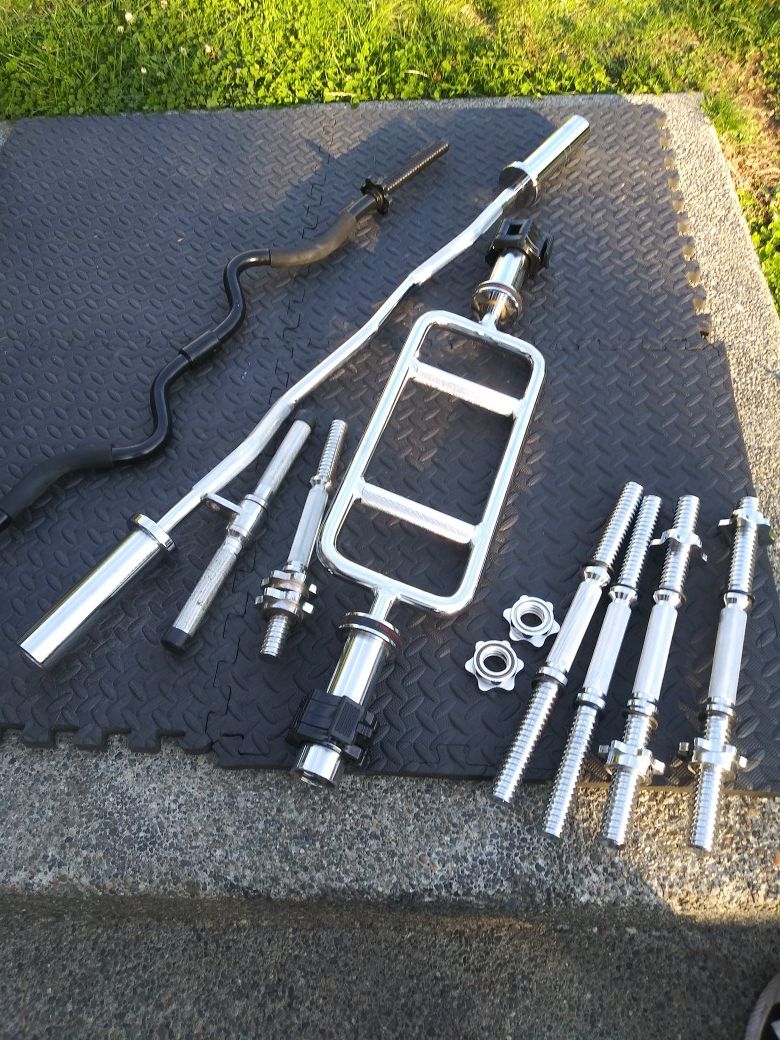 Tri bar, curl bars And hard silver handles dumbbells OBO